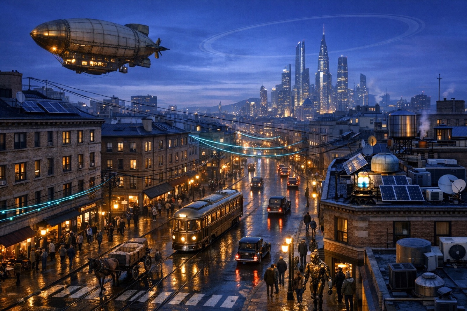 A city where eras overlap — a brass airship drifts over trams, horse carts, solar rooftops, and glass towers