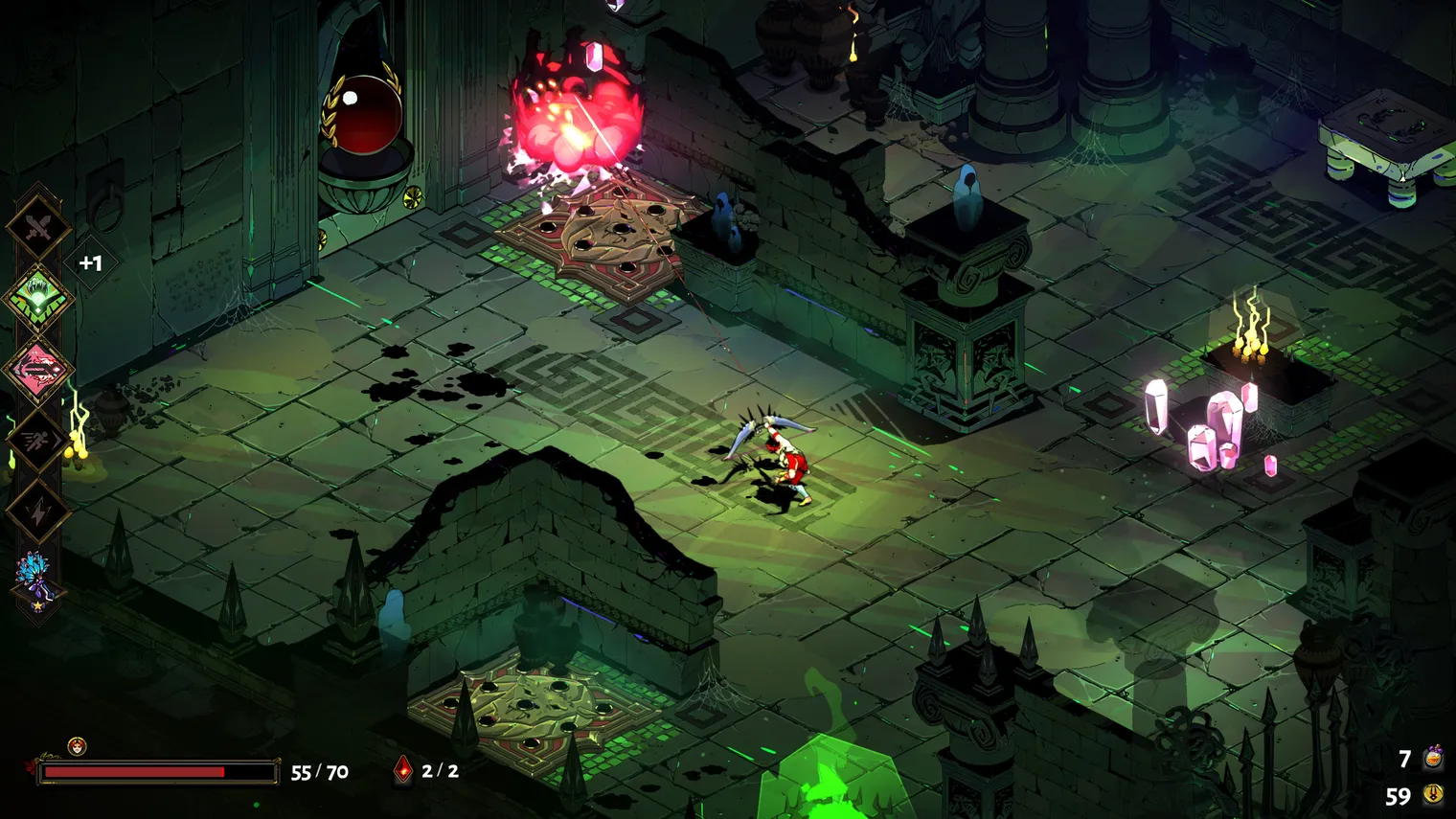 A chamber of the Underworld in Hades: Zagreus mid-attack, collected boons listed down the left edge and the health bar at the foot of the screen