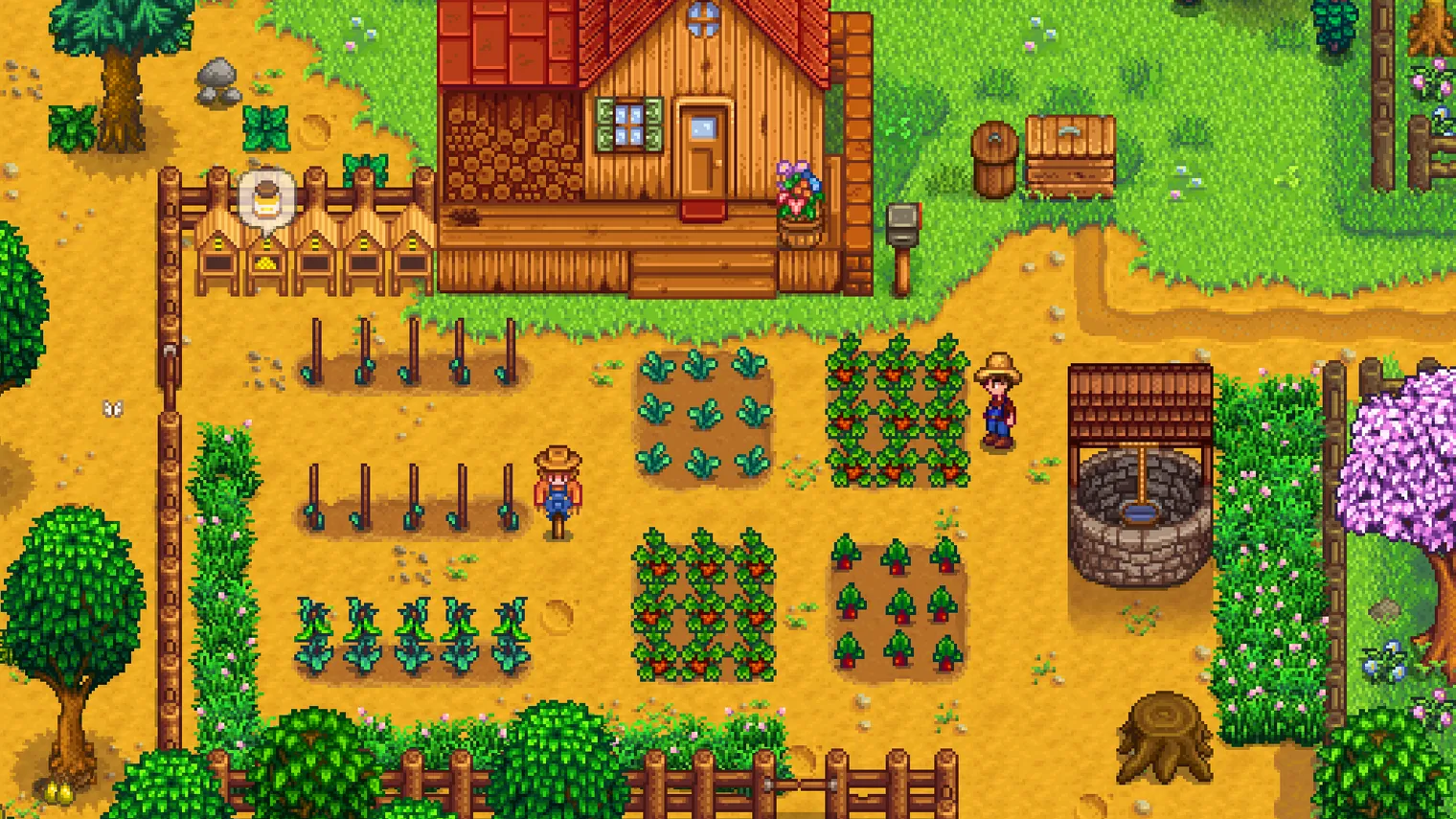 A Stardew Valley farm in summer: tilled beds of crops beside the farmhouse, with the farmer standing among the rows