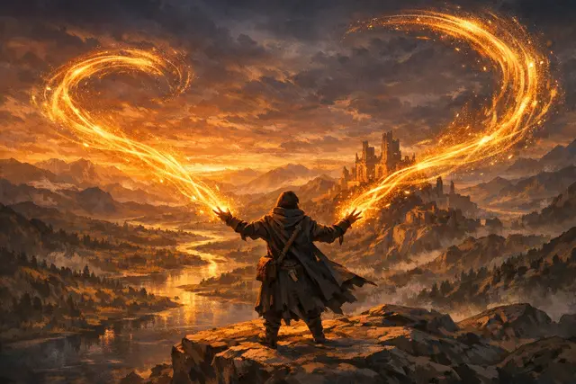 Adventure key art — a traveller on a road at dusk
