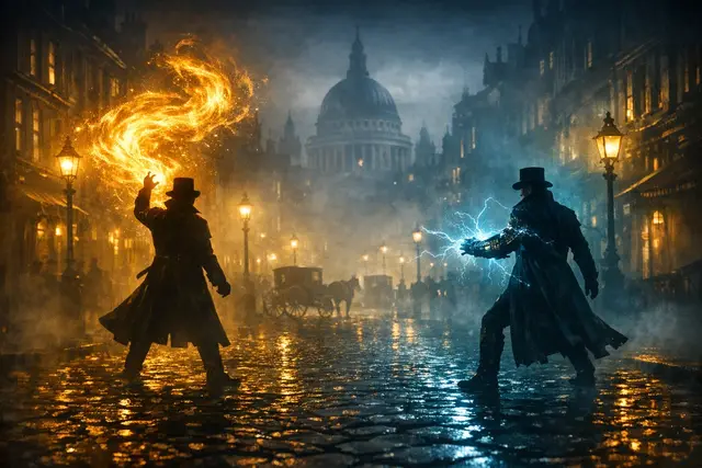 Duels key art — a gaslit Victorian London street
