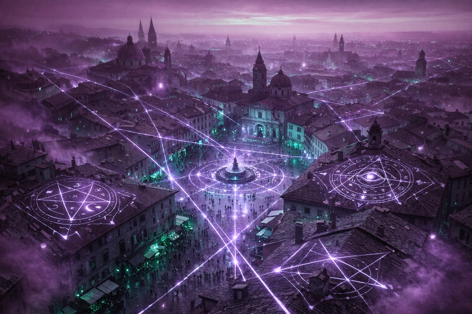 A city at dusk threaded with glowing violet patterns