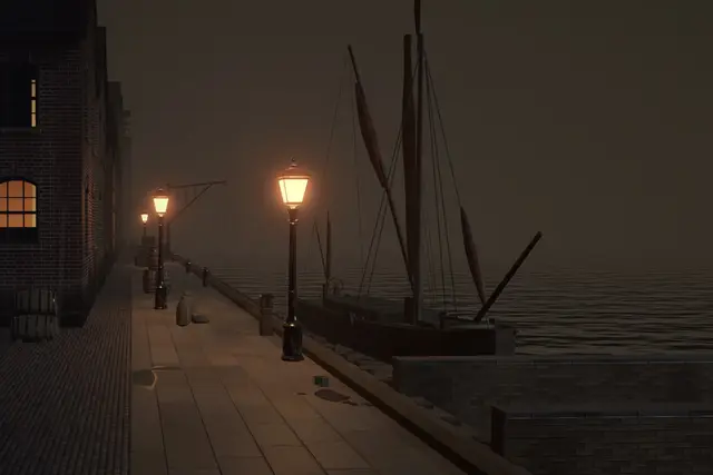 Hunt key art: the gaslit quay at Limehouse by night, lamps along the river wall and a Thames barge moored in the fog. In-engine capture.