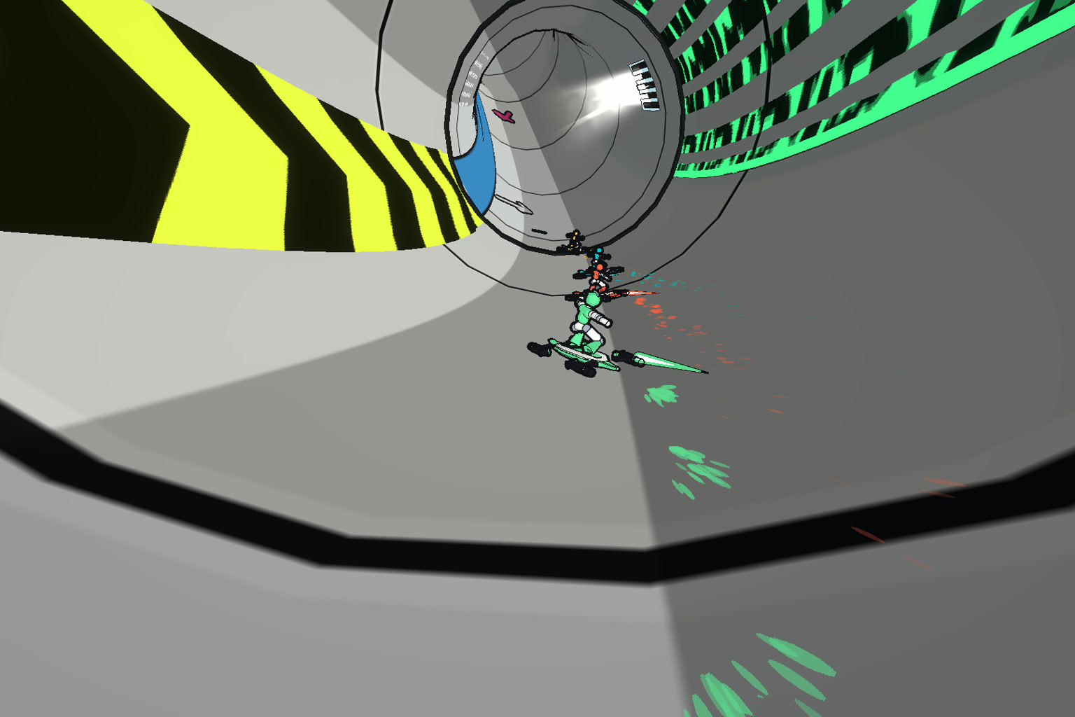 A standing rider carves a huge sunlit storm pipe on a thruster board, ink-outlined cel art