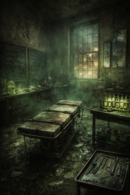 Dr Jekyll's laboratory, glassware and gaslight