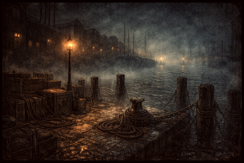 Limehouse Docks at night, fog over the Thames