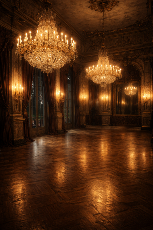 A grand Mayfair ballroom in candlelight