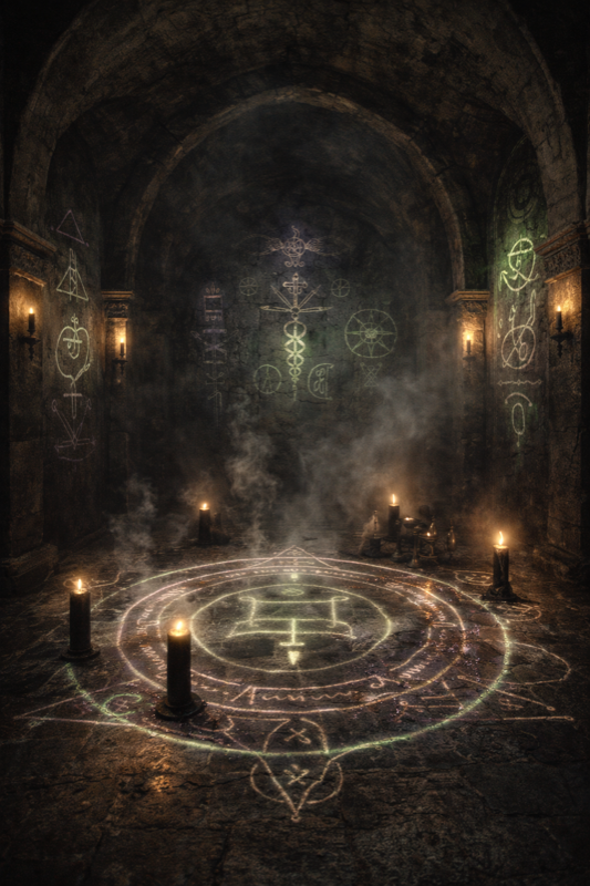 A candlelit temple crypt beneath London