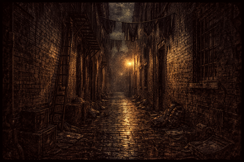 A narrow Whitechapel alley under gaslight