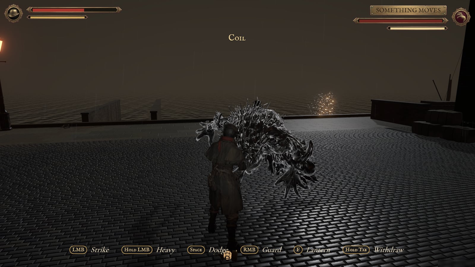 The creature hunches, gathering itself, as the hunter closes in under a gas lamp. The tell reads Coil.