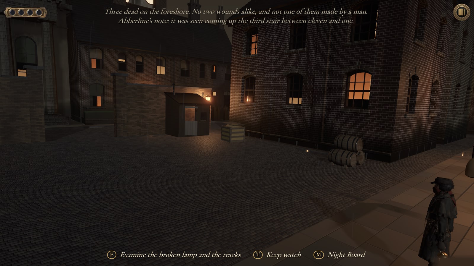 A cobbled yard off Narrow Street at night, gaslit windows in brick warehouses. Text at the top reads: Three dead on the foreshore. No two wounds alike, and not one of them made by a man. Abberline's note: it was seen coming up the third stair between eleven and one.