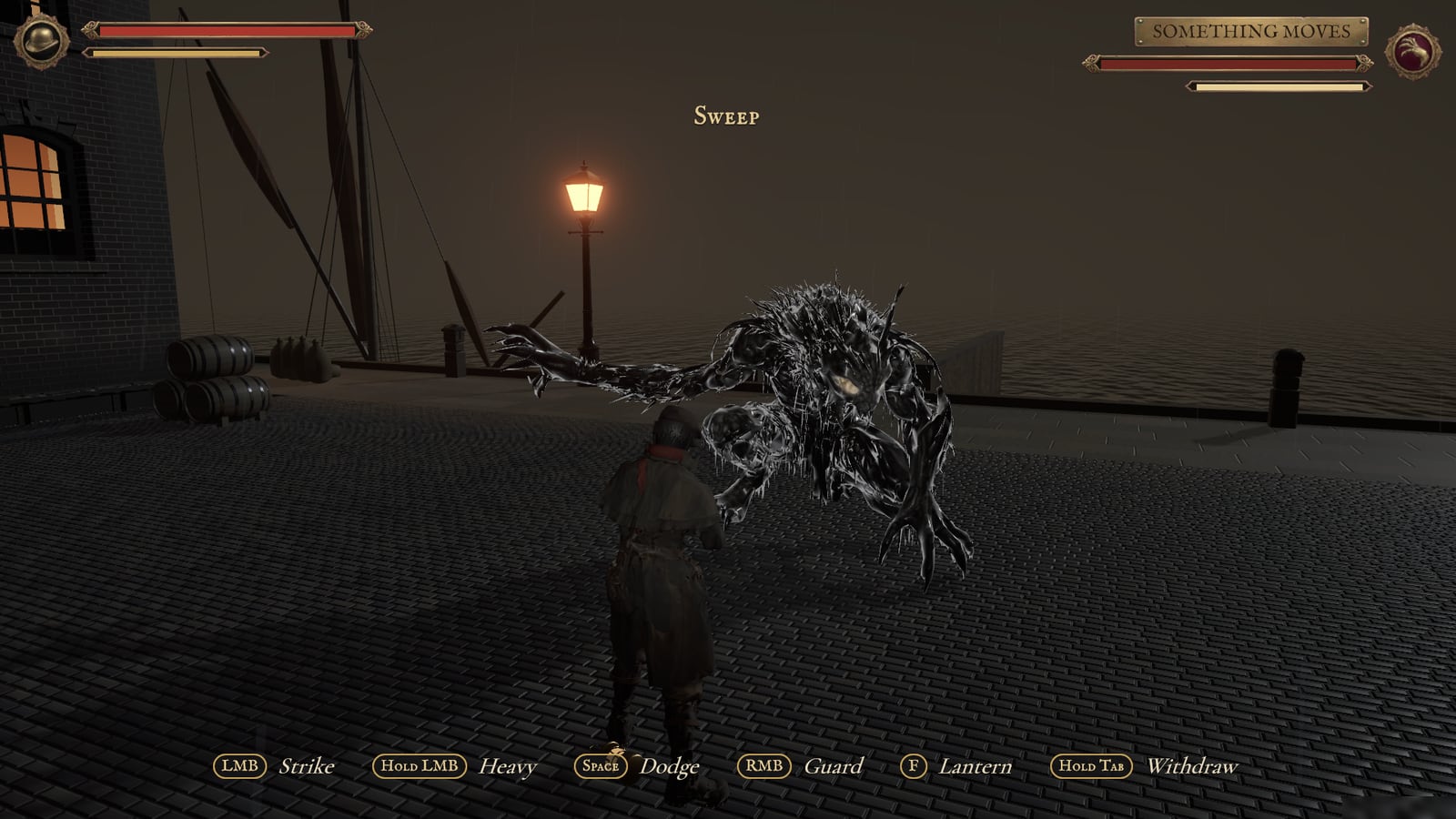 On the gaslit quay the long-limbed creature swings a clawed arm wide at the hunter. The tell reads Sweep. Health and stamina bars at the top, the fight controls along the bottom.