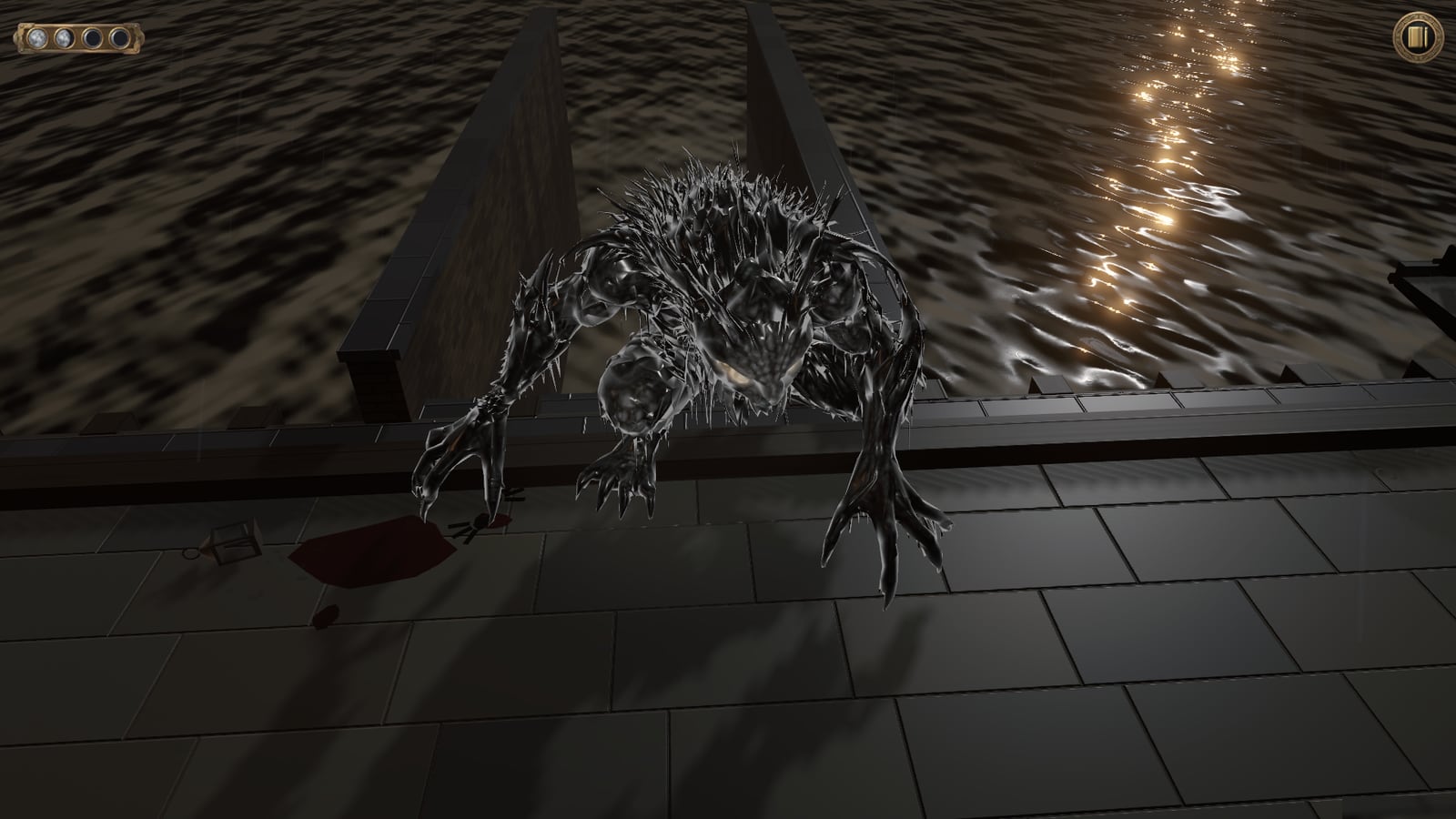 At the head of the third stair a wet, spined, long-limbed creature hauls itself onto the quay, clawed hands gripping the stone, the river glittering behind it under gaslight