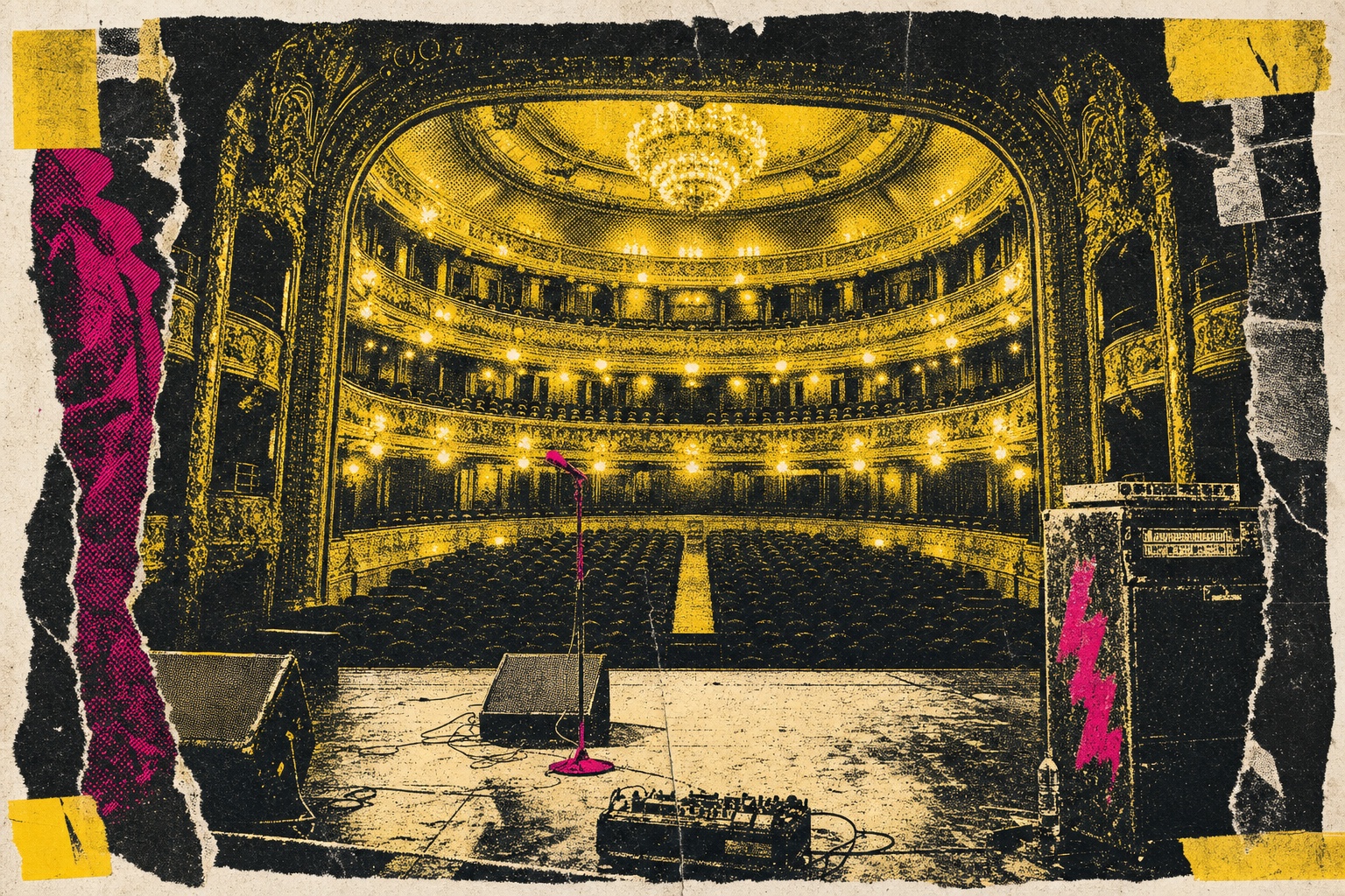 An ornate theater seen from the stage, balconies aglow