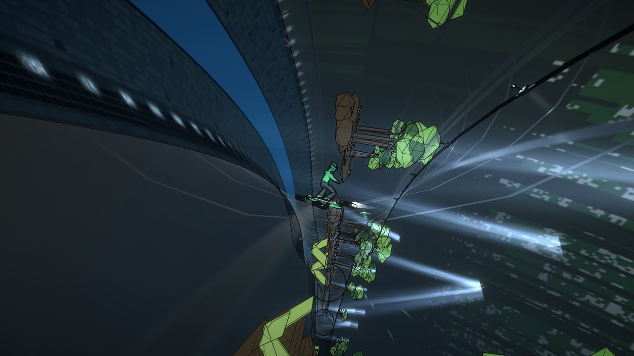 A rider under a floodlit roof the size of a cathedral, harvest crystals clustered on the wall