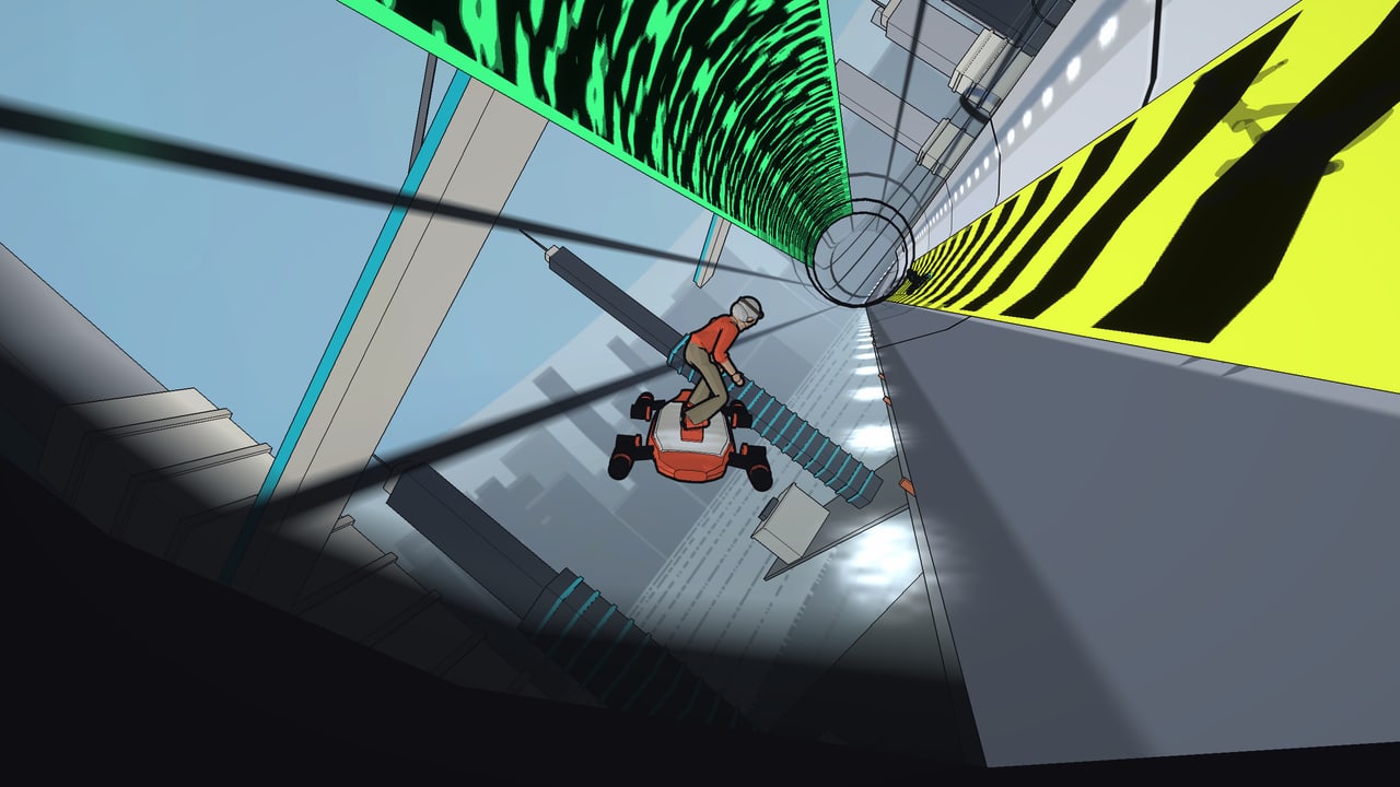 A rider on a glazed pipe over the city: a glowing green mat runs along one wall, and a black-and-yellow striped sluice along the opposite wall