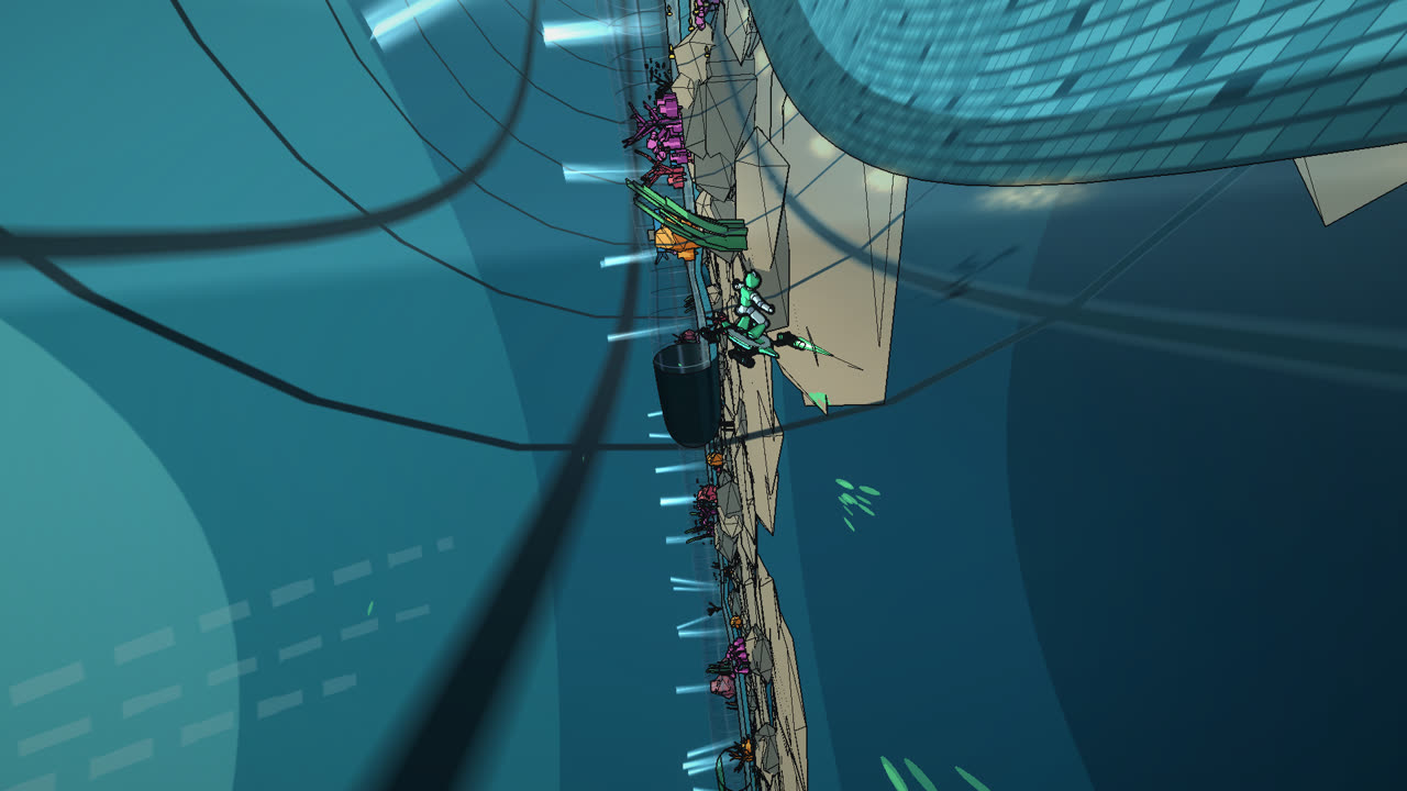 Riding a tiled channel under a glass roof, light shafts falling through the sea
