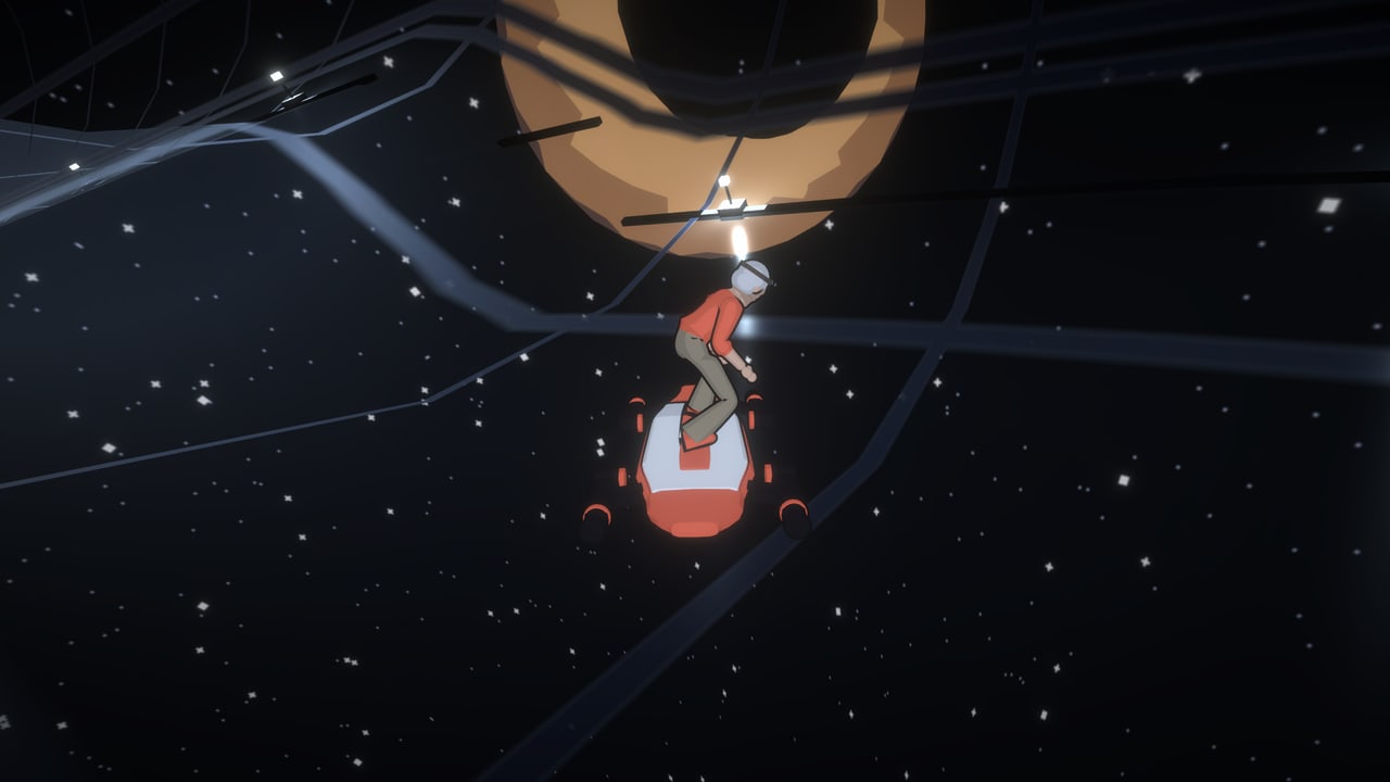 A rider on the wall of a glass tube in orbit, stars through the floor