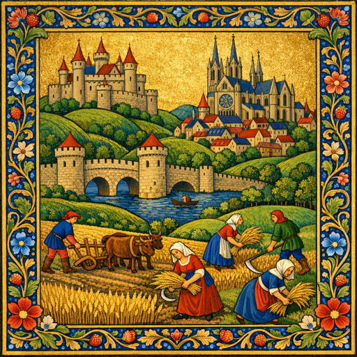 Worldwright Medieval age — an illuminated-manuscript miniature of a castle, cathedral and harvest under a gold-leaf sky with a foliate border