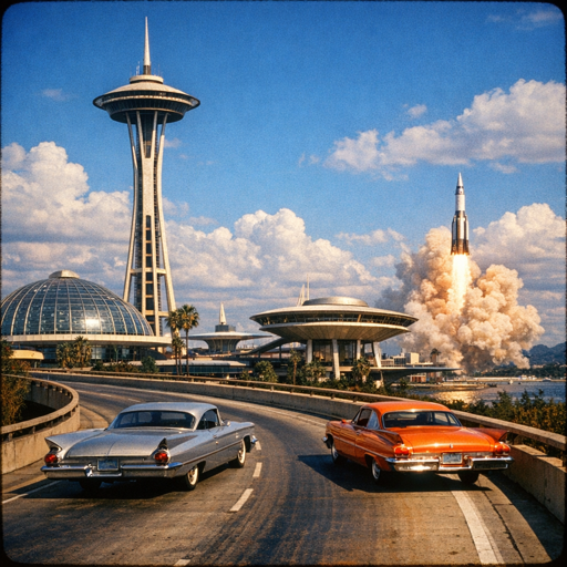 Worldwright Modern age — a saturated 1960s Kodachrome photograph of a Space-Age city: a space-needle tower, finned chrome cars on a freeway, and a rocket launching over the bay