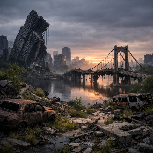 Worldwright Post-Apocalypse — a photorealistic ruined city at dusk: a collapsed tower and broken bridge over a river, rusted cars, and nature reclaiming the rubble