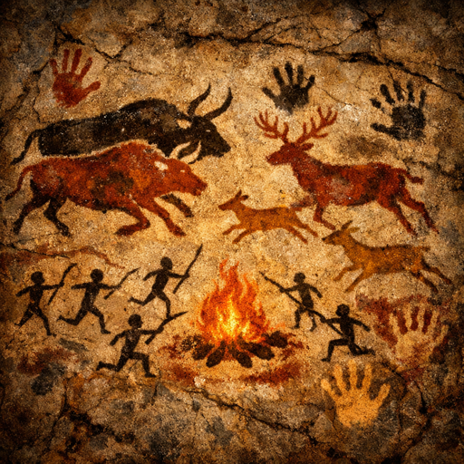 Worldwright Stone Age — a Lascaux-style cave painting of hunters, aurochs and deer around a fire